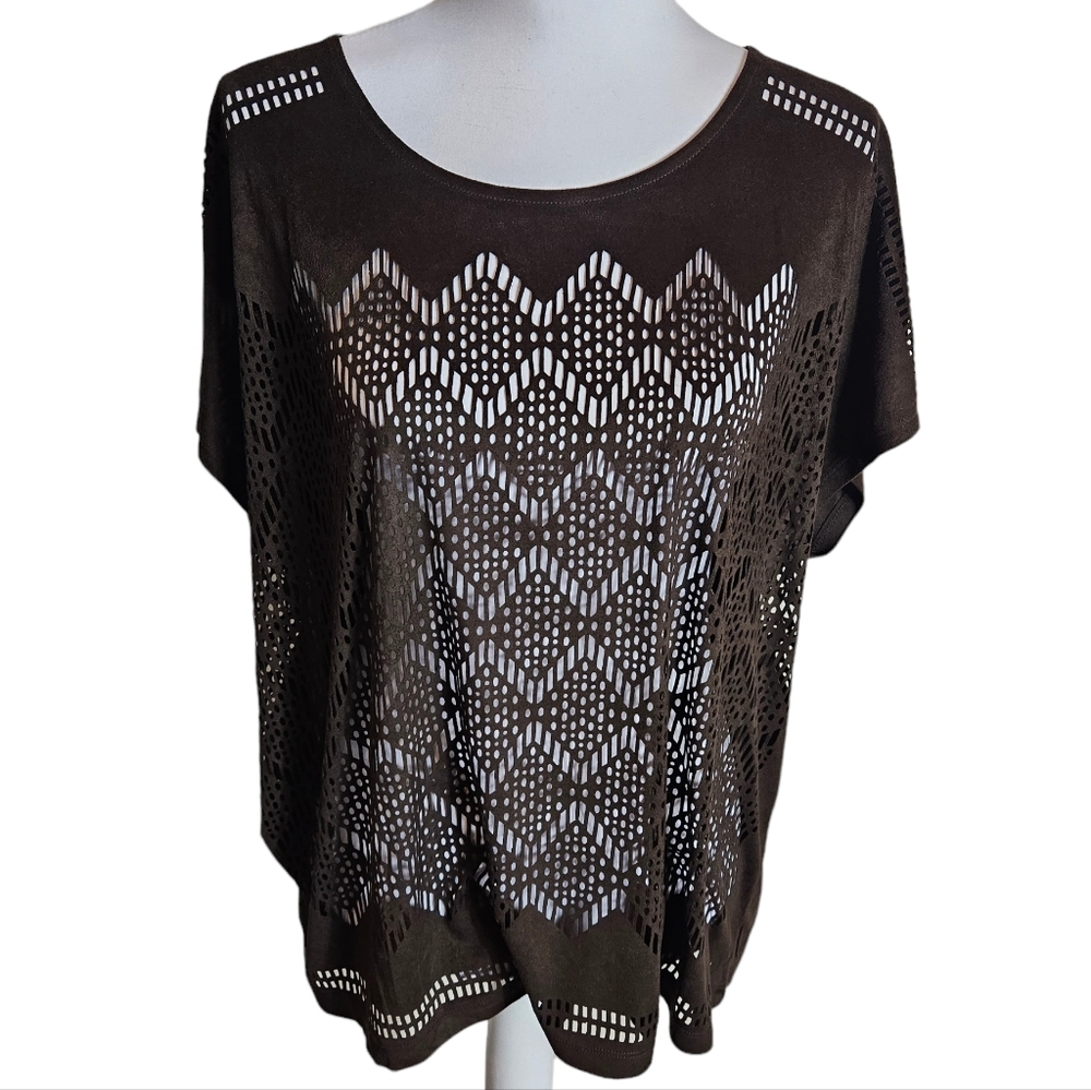 Chicos Chocolate Brown Ultra Suede Coquette Top Size 2 US 12 Large Sheer Blouse - Picture 2 of 12